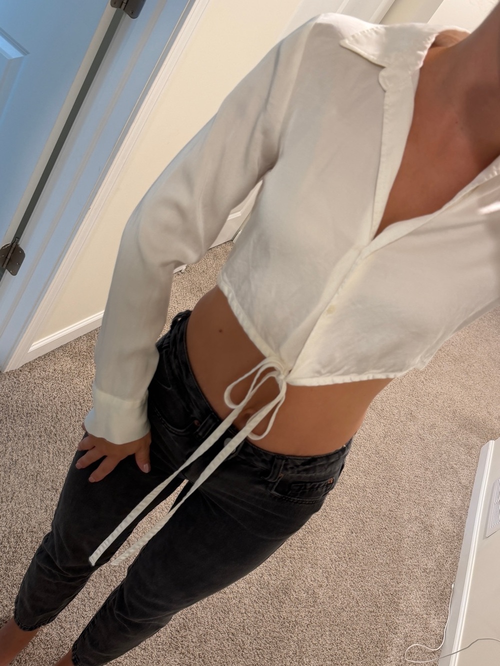 Zara White Cropped Tie-Front Blouse